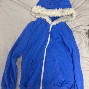 Blue Hoodie with Faux Fur Trim